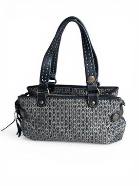 Fossil Signature Logo Jacquard Canvas Black Leather Hobo Bag EUC